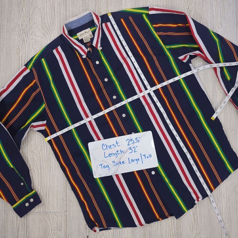 Vintage Eddie Bauer Men's Large Navy Blue Multi Striped Long Sleeve Button Down - Picture 6 of 6
